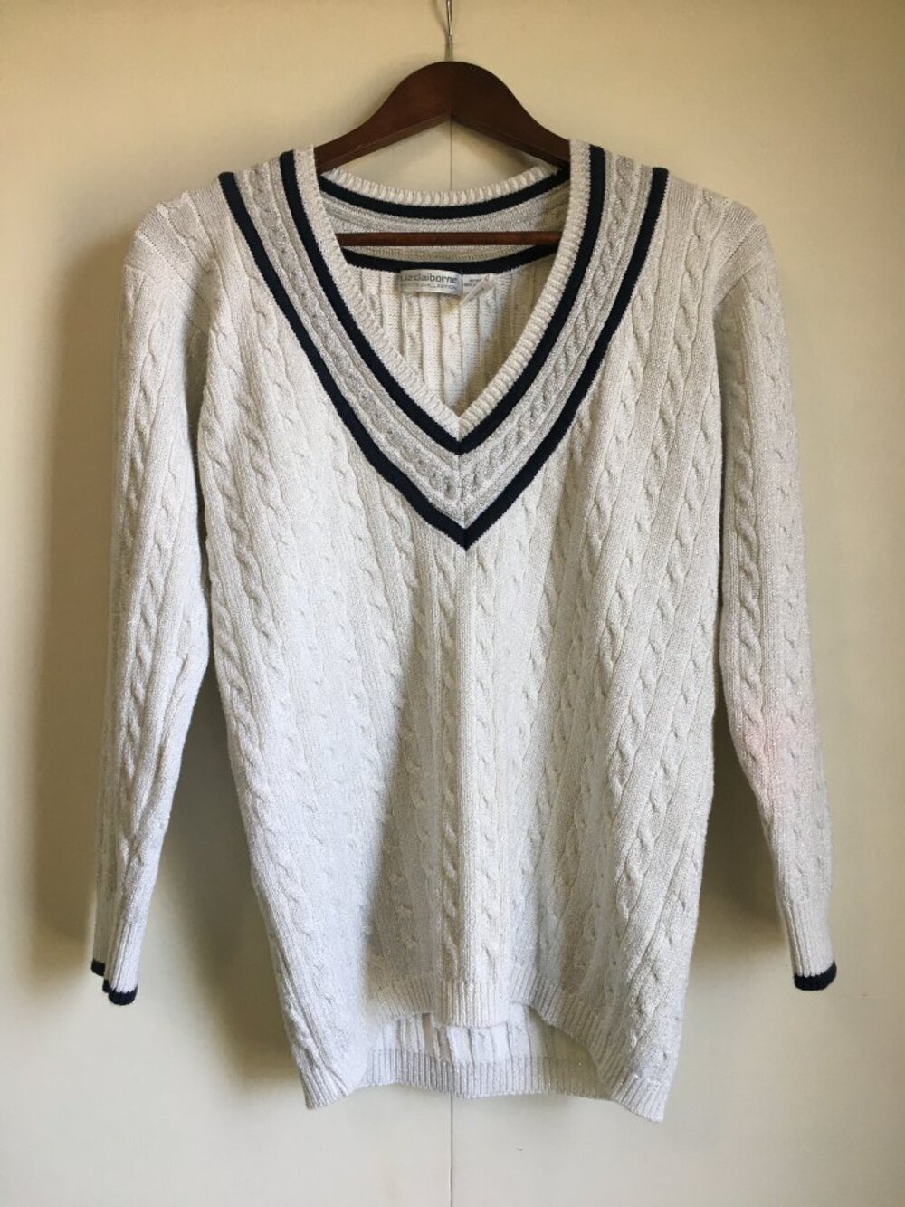 Preppy Varsity Sparkle Cotton Cable Knit V-Neck Sweater - S